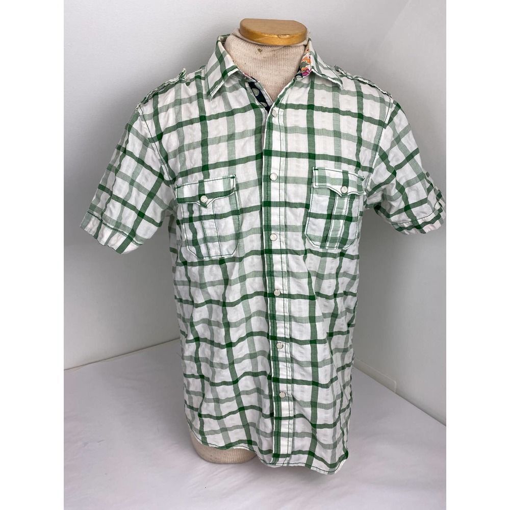 Age of Wisdom Pearl Snap Checkered Shirt Contrasting Floral Collar - Medium
